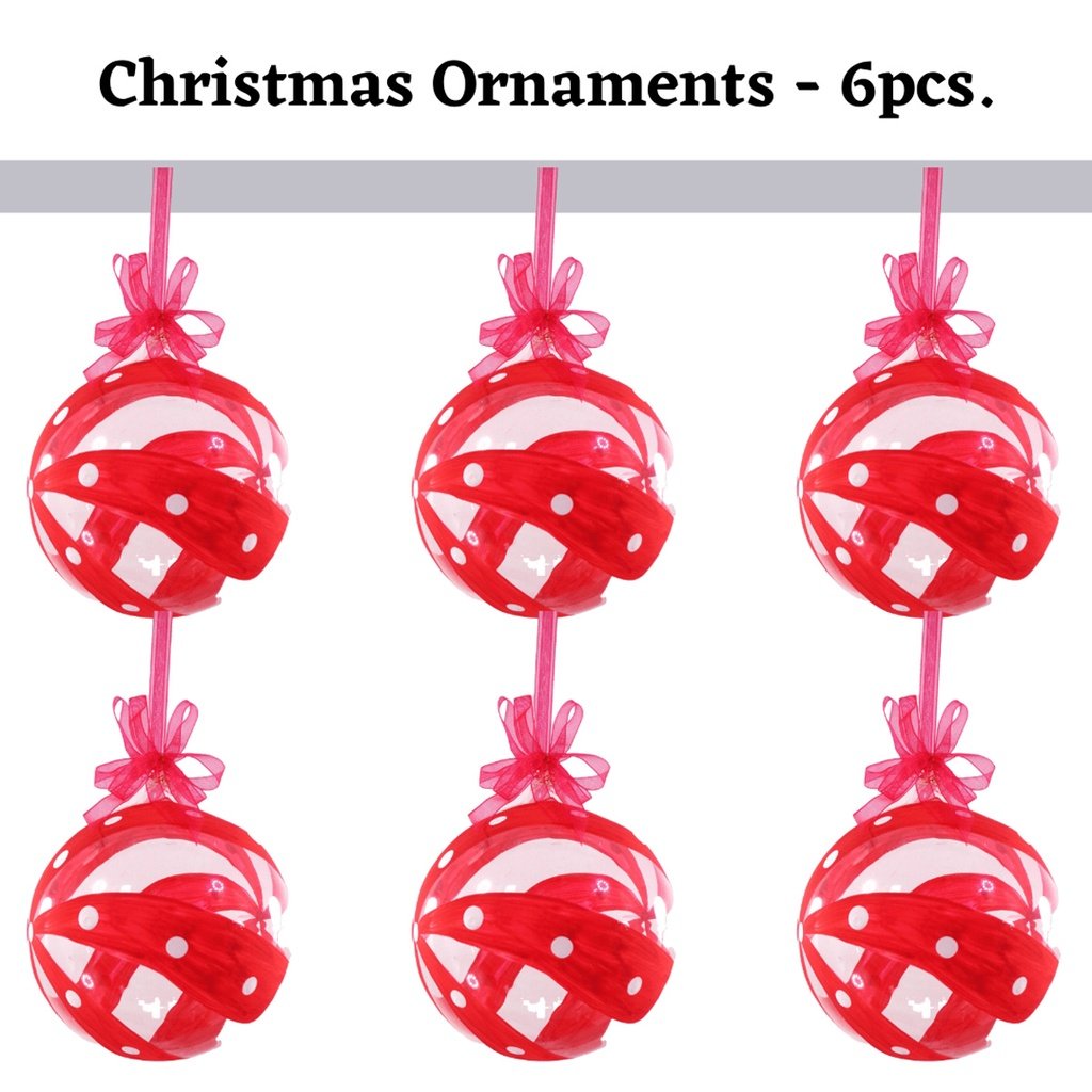 Set of 6pc Colored Glass Christmas Red Ornaments with Organza Ribbon for Xmas Tree Ornaments Hanging