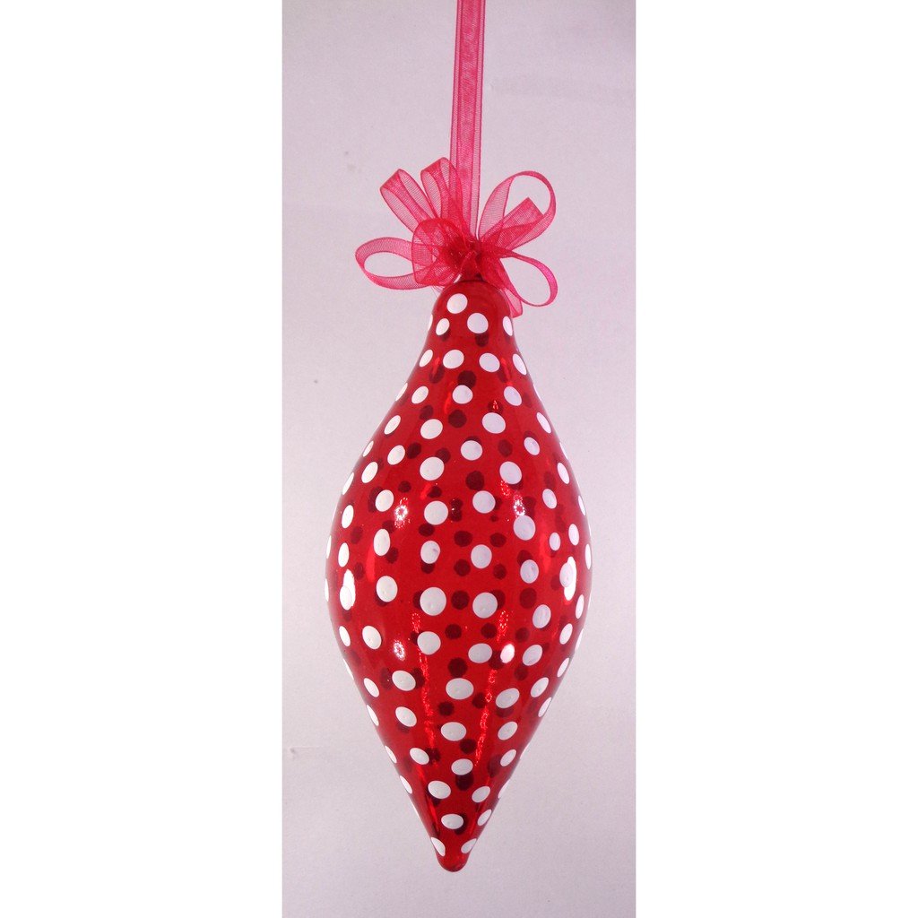 Set of 6pc Color Red Glass Christmas Ornaments with Polkadots & Organza Ribbon for Xmas Tree Hanging
