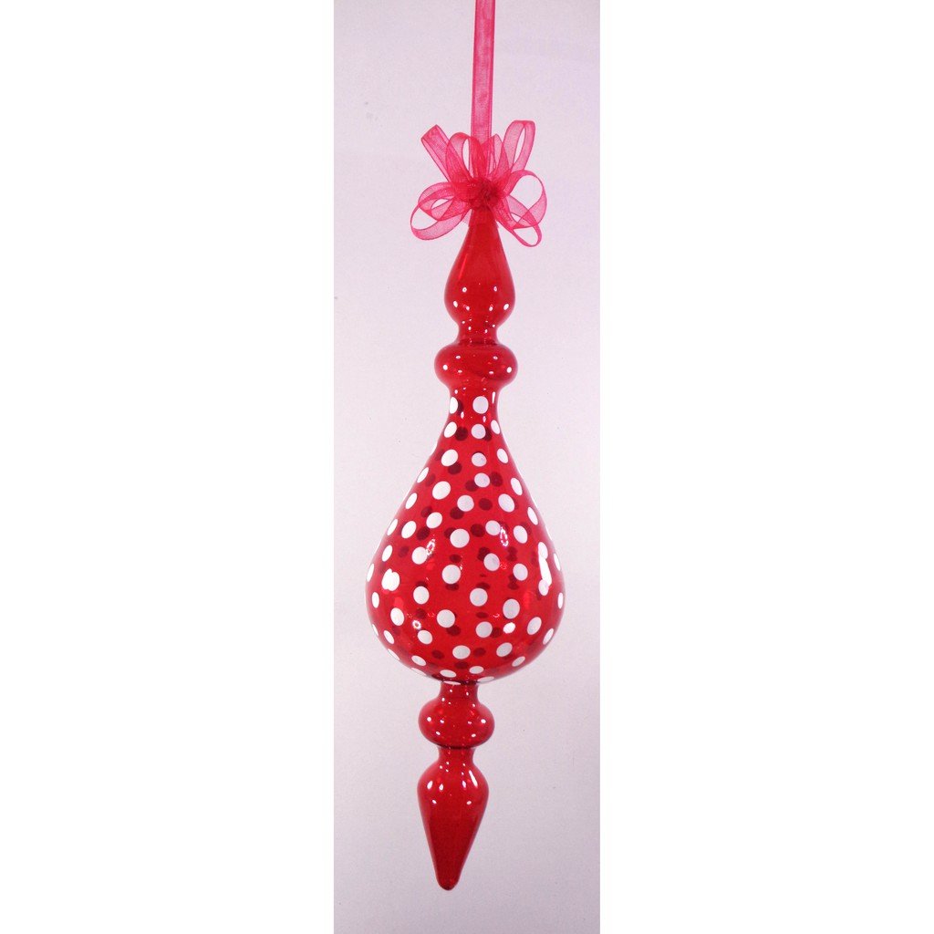 Set of 6pc Red Glass Christmas Ornaments with White Polkadots Design Organza Ribbon for Xmas Tree