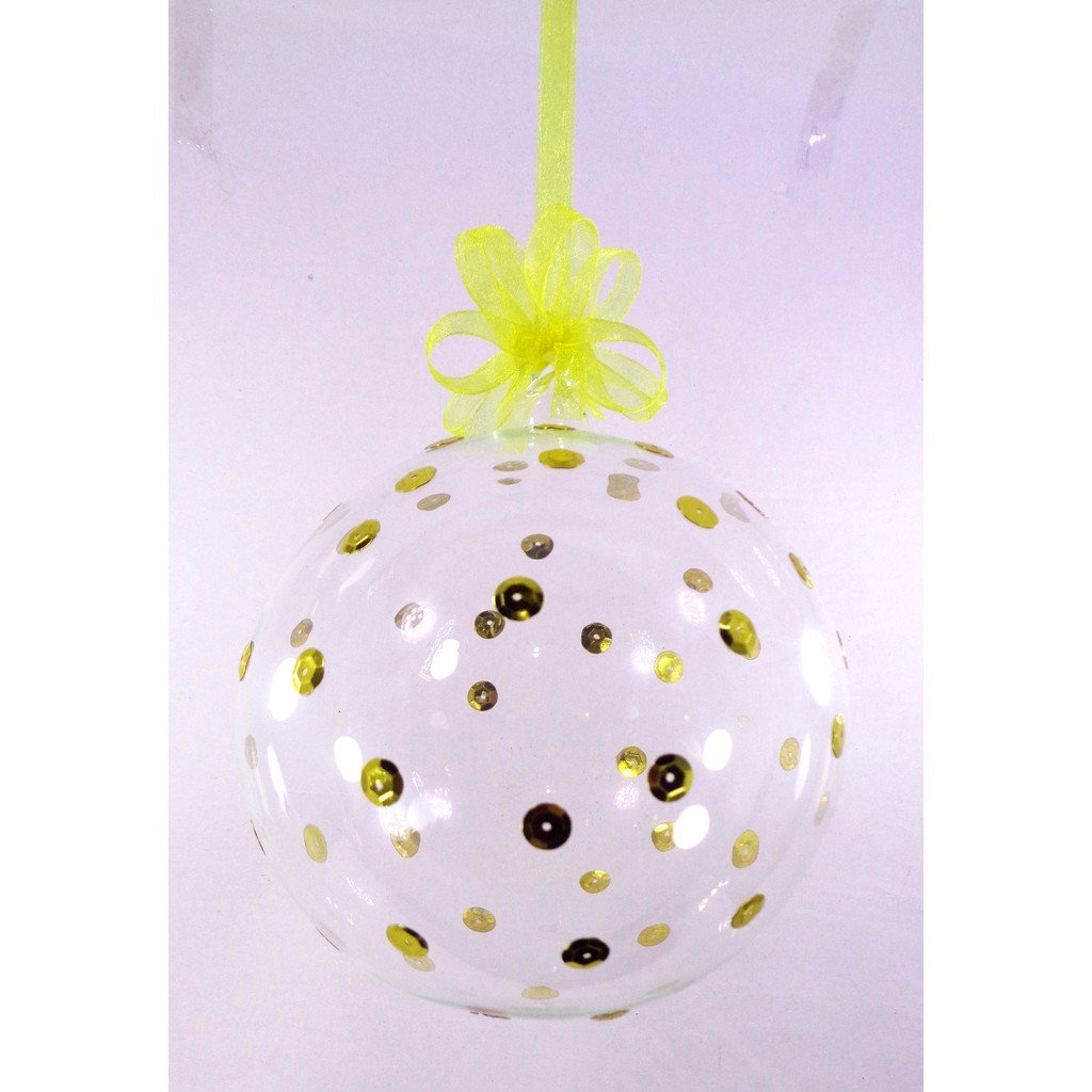 Set of 6pc Clear Glass Christmas Ornaments with Gold Sequins & Organza Ribbon for Xmas Tree Hanging
