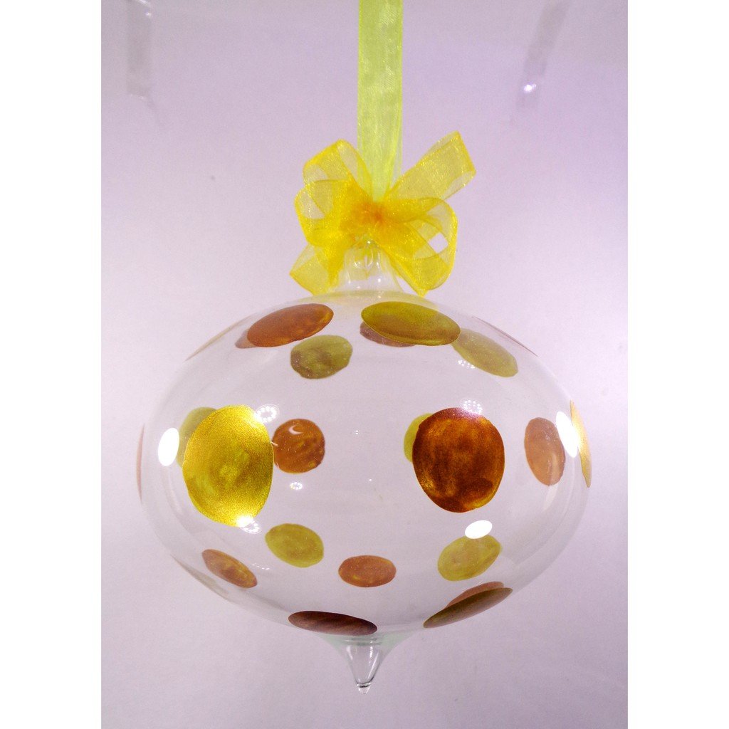Set of 6pc Handpainted Glass Christmas Ornaments with Gold Polkadots Organza Ribbon for Xmas Tree