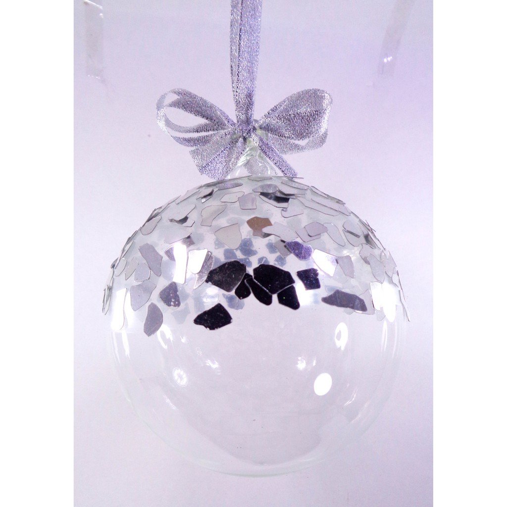 Set of 6pc Glass Christmas Ornaments with Silver Glass & Organza Ribbon for Xmas Tree Hanging