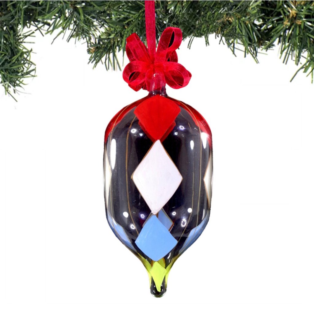 Set of 6pc Glass Christmas Ornaments w/ Colorful Diamond Design Organza Ribbon for Xmas Tree Hanging - Image 3