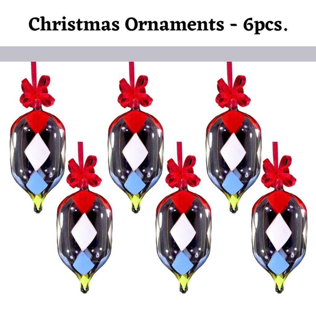 Set of 6pc Glass Christmas Ornaments w/ Colorful Diamond Design Organza Ribbon for Xmas Tree Hanging