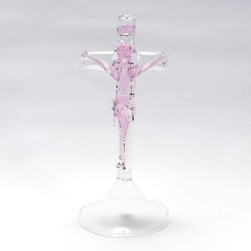 Crucifix with Stand Religious Figurines Glass Pink 4.25" - Image 3