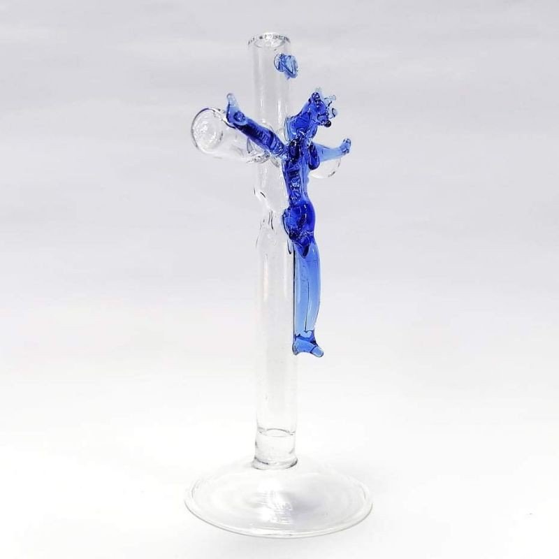 Jesus Cross Crucifix with Stand Religious Figurines Glass Blue 4.25" - Image 2