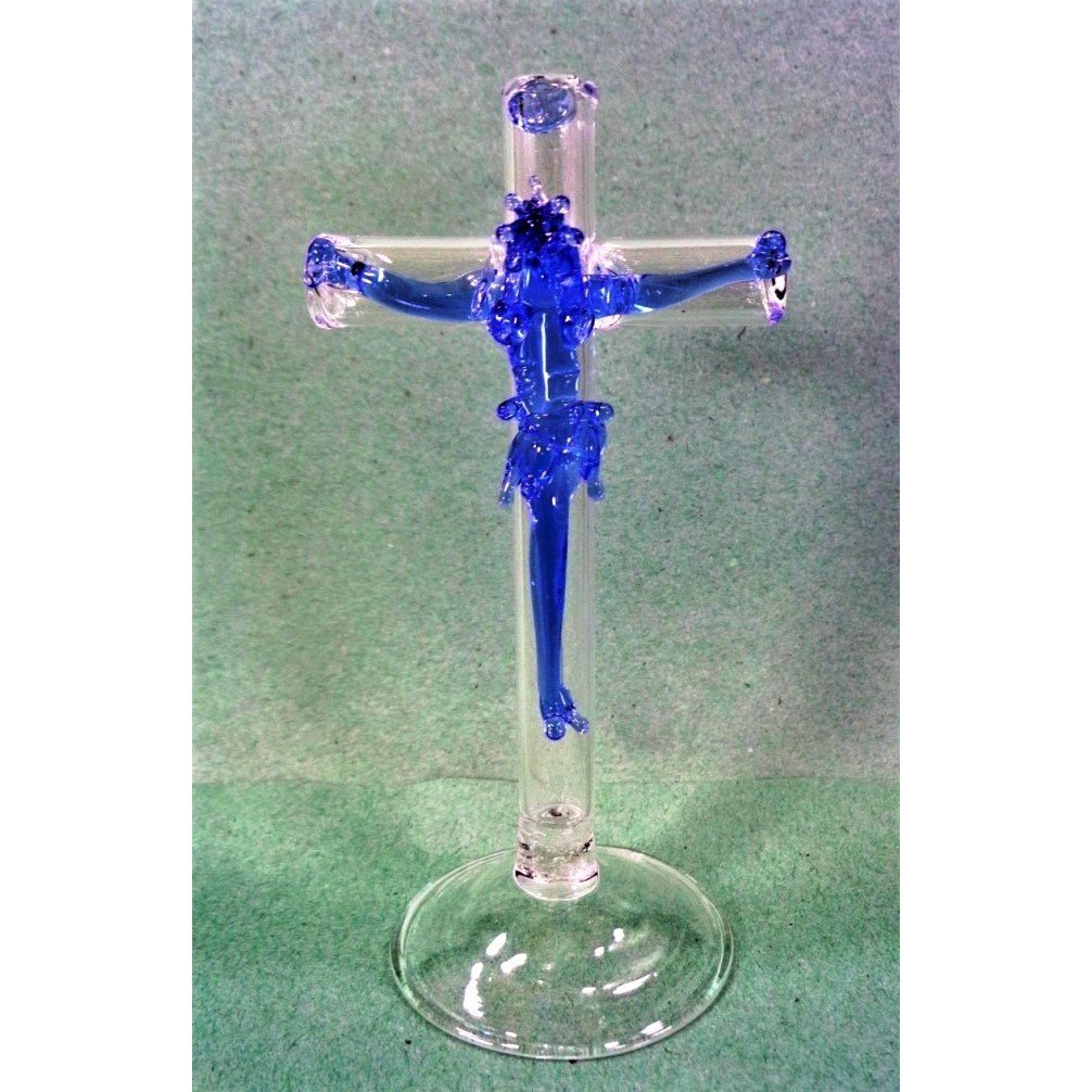 Jesus Cross Crucifix with Stand Religious Figurines Glass Blue 4.25"