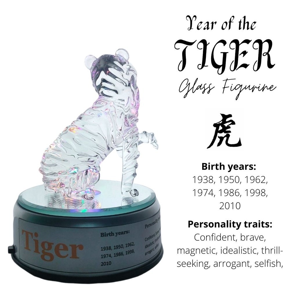 Year of the Tiger Lucky Charm Glass Figurine with Rotating Base For Wealth and Luck