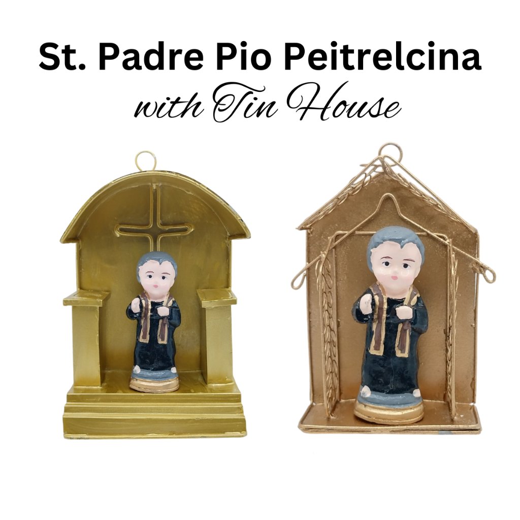 Chibi Saints St Pio of Pietrelcina with Tin House Religious Figurines Home Decor Height: 4-5 inches