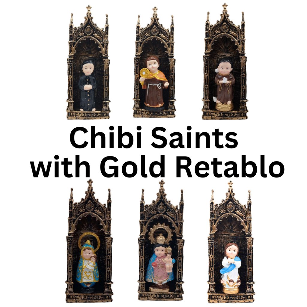 Chibi Saints with Gold Retablo Resin Home Decor Height: 8.5 inches - Image 2