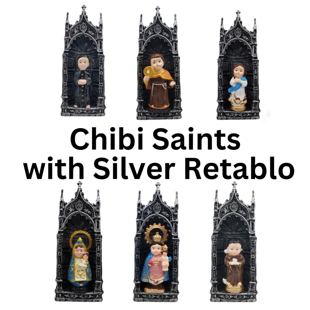 Chibi Saints Religious with Silver Retablo Resin Home Decor Height: 8.5 inches - Image 2