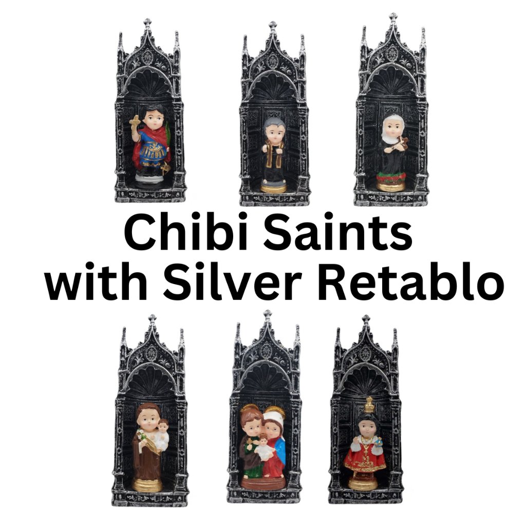 Chibi Saints Religious with Silver Retablo Resin Home Decor Height: 8.5 inches