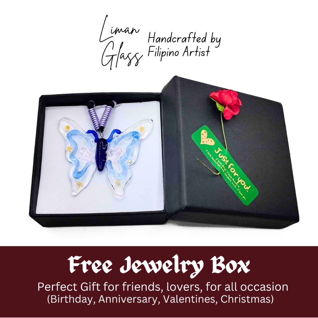 Liman Glass Butterfly Pendant in Wax Cord Necklace for Women with Box