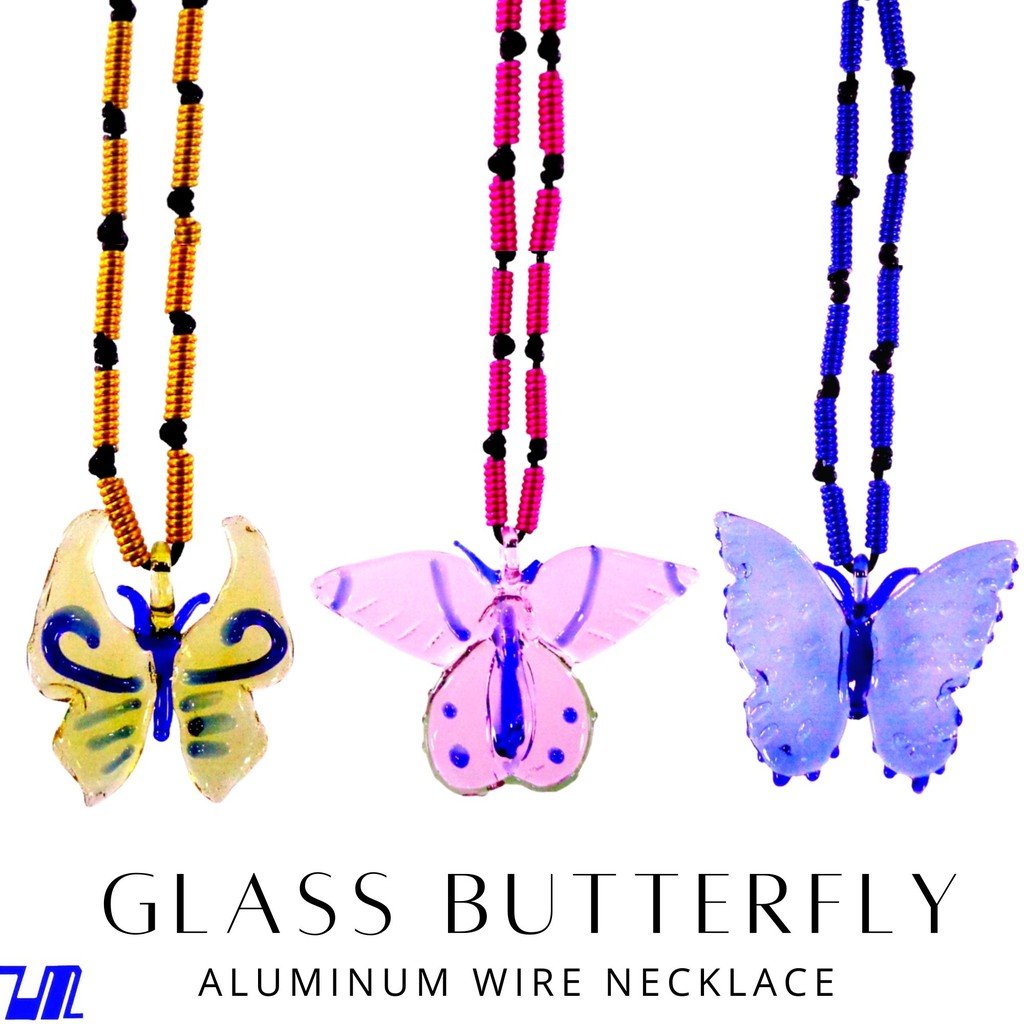 Liman Glass Butterfly Pendant in Aluminum Wire Full Long Necklace For Women