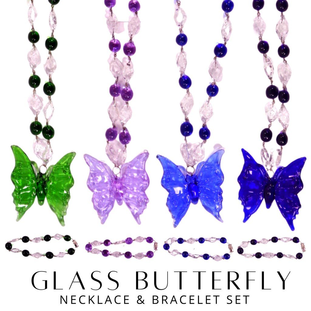 Liman Glass Butterfly Pendant Beads & Diamond Necklace with Bracelet Set for Women - Image 2