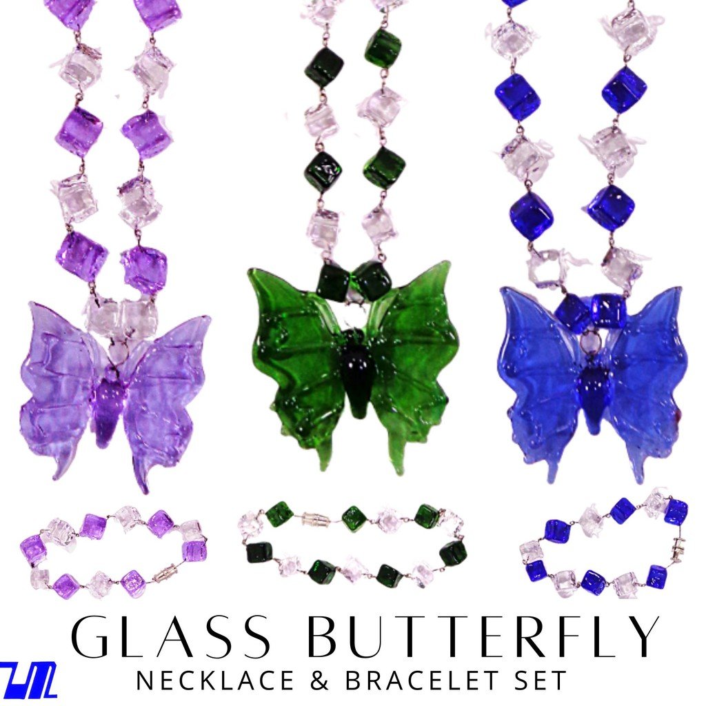 Liman Glass Butterfly Pendant in Glass Dice Necklace with Bracelet for Women 8 Colors
