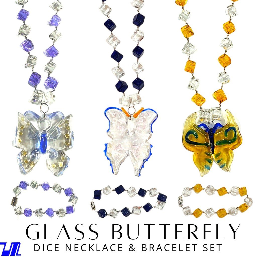 Glass Butterfly Pendant in Dice Necklace with Bracelet Butterfly Jewelry Set 18 Designs - Image 6