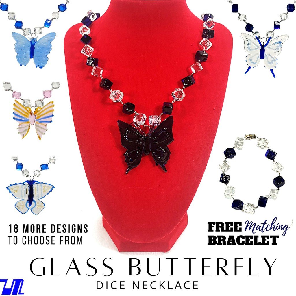 Glass Butterfly Pendant in Dice Necklace with Bracelet Butterfly Jewelry Set 18 Designs - Image 8