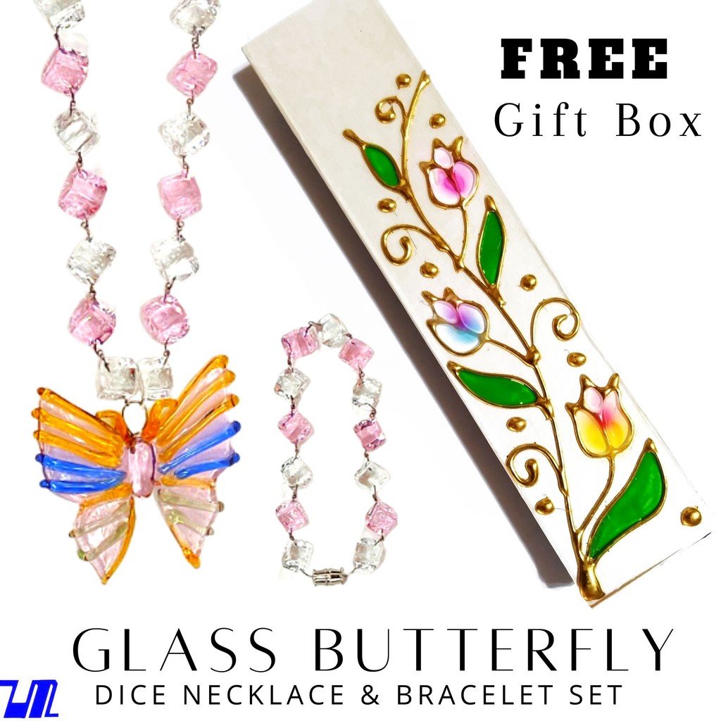 Glass Butterfly Pendant in Dice Necklace with Bracelet Butterfly Jewelry Set 18 Designs - Image 9