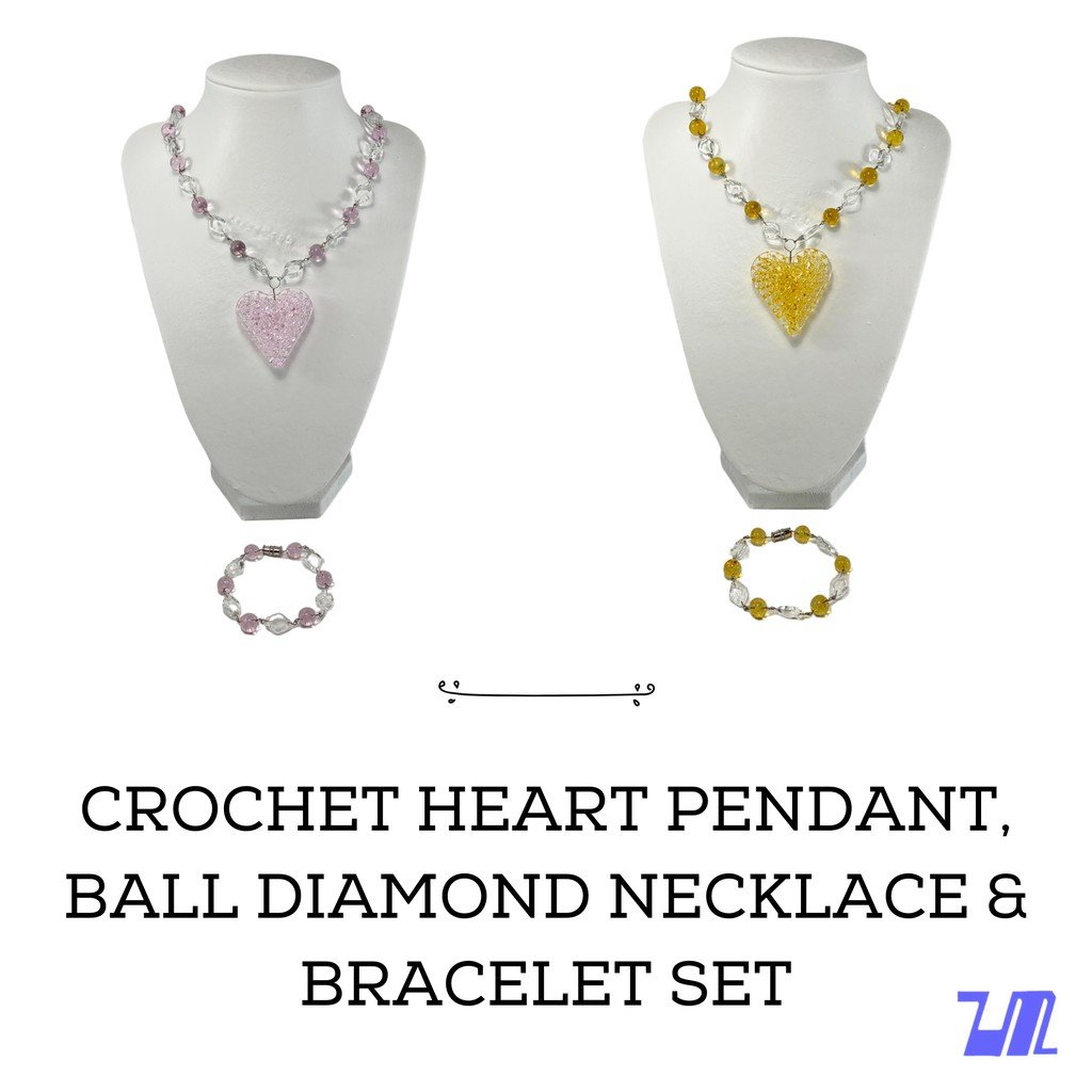 Liman Glass Crochet Heart Pendant, Ball and Diamond Necklace - Image 2