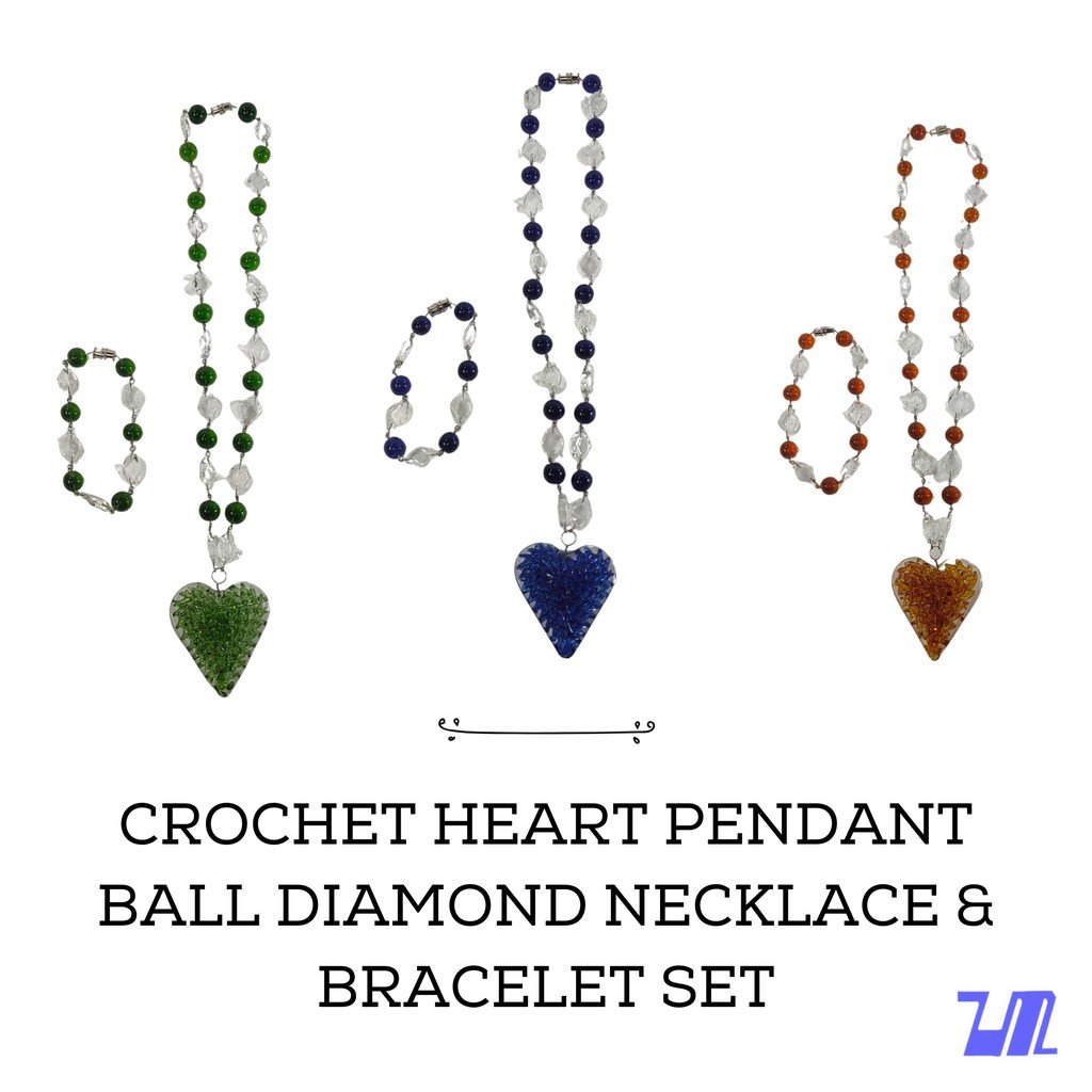 Liman Glass Crochet Heart Pendant, Ball and Diamond Necklace - Image 3