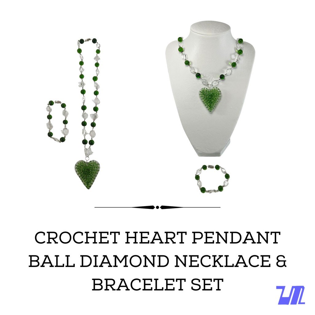 Liman Glass Crochet Heart Pendant, Ball and Diamond Necklace