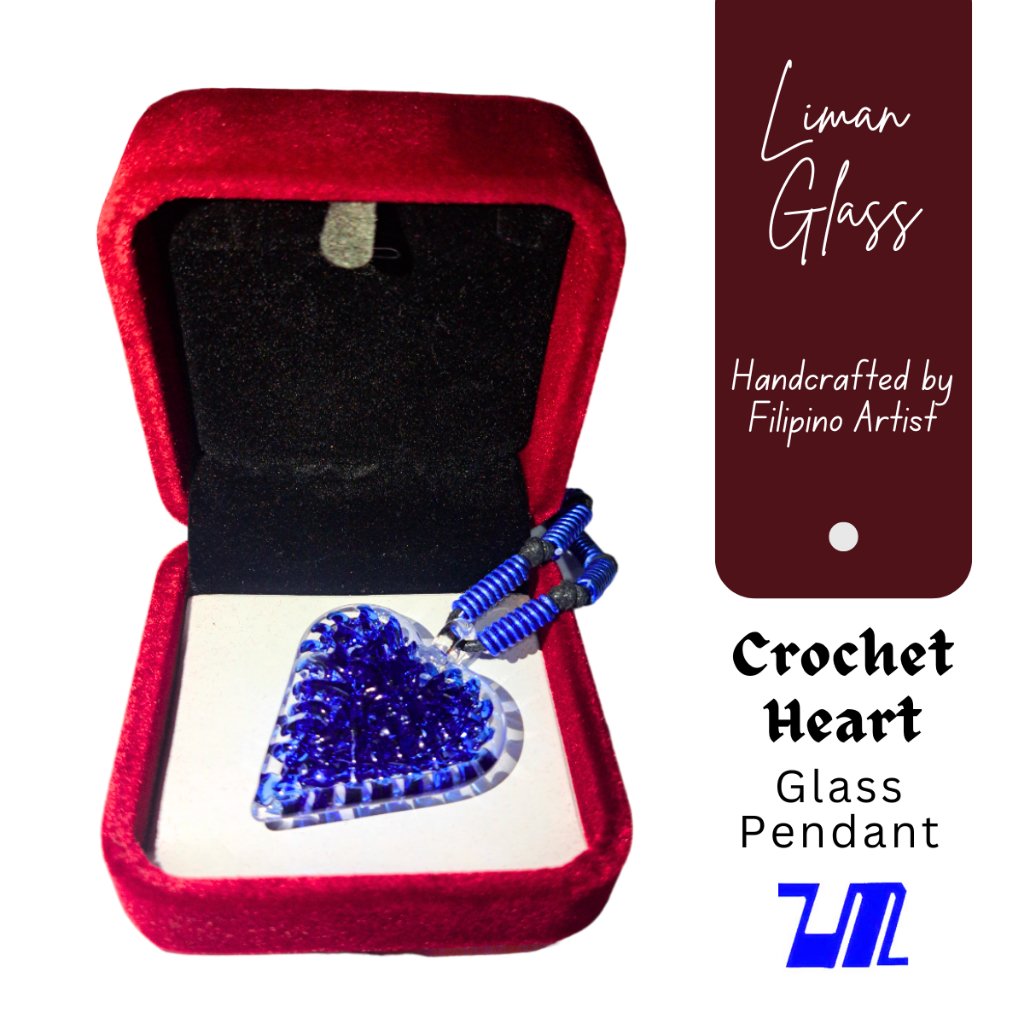 Liman Glass Heart Crochet Straight Glass Pendant, Alum Wire Accent Necklace