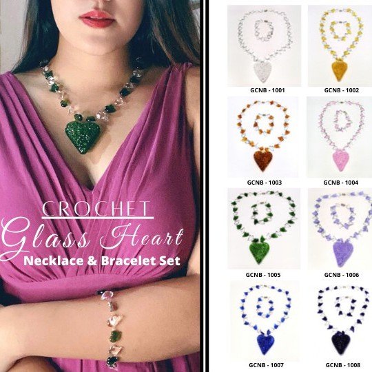 Liman Glass Crochet Heart Pendant Necklace and Bracelet Set for Women - Image 9