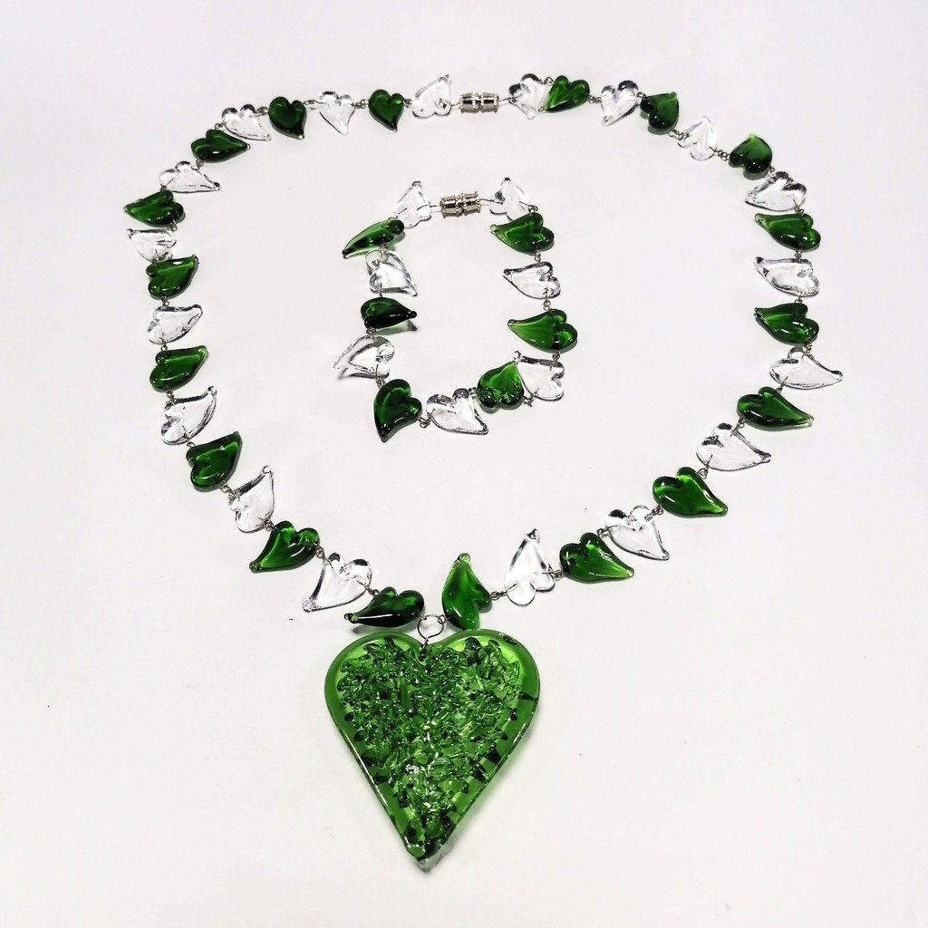 Liman Glass Crochet Heart Pendant Necklace and Bracelet Set for Women