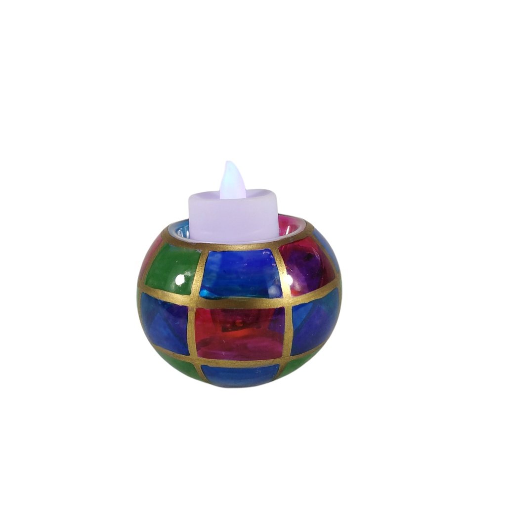 6pc Set Handpainted Glass Tealight Candle Holder Multicolored Checkers GTL 7125