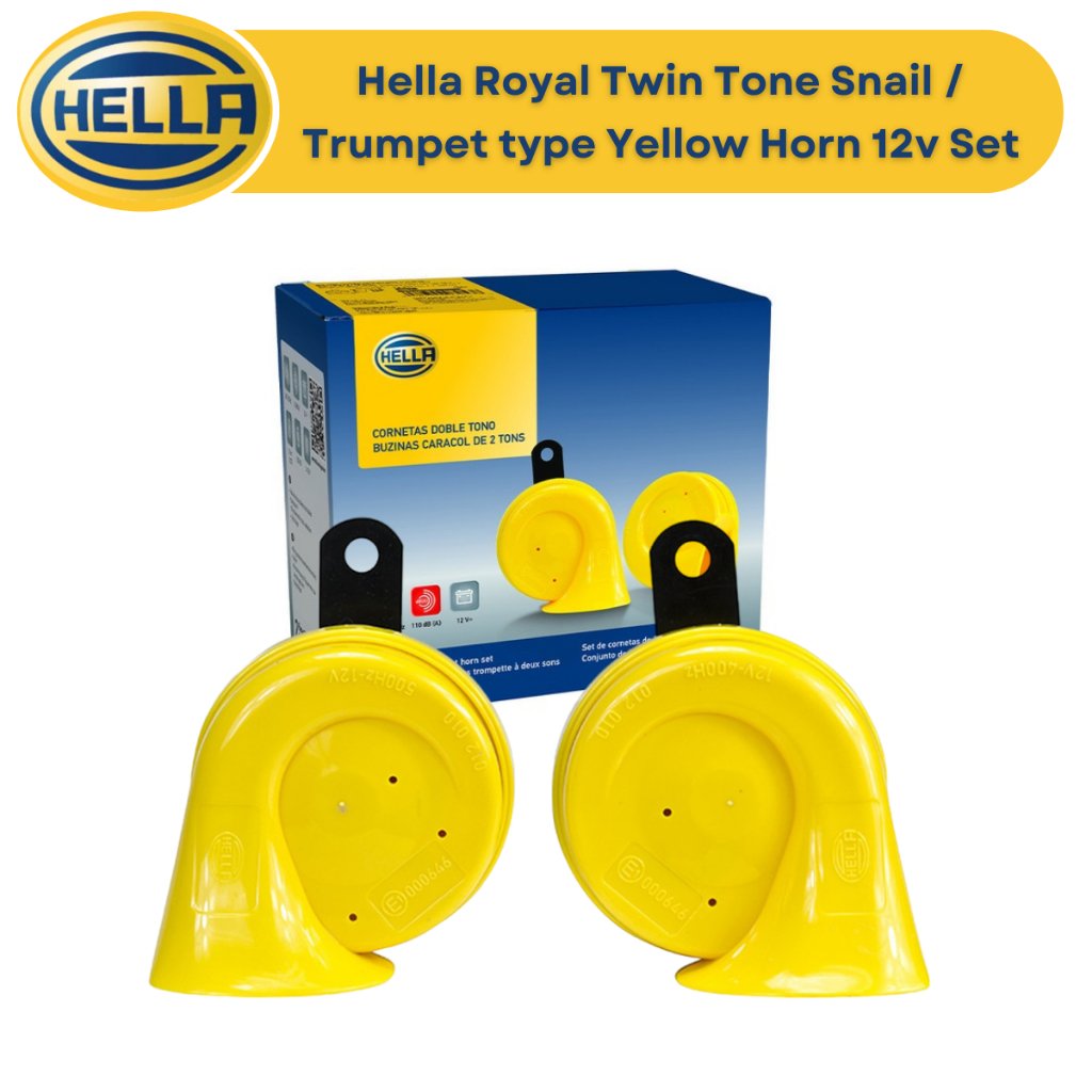 Hella Royal Twin Tone Snail / Trumpet type Yellow Horn Set - Car and Motorcycle Horn 12v