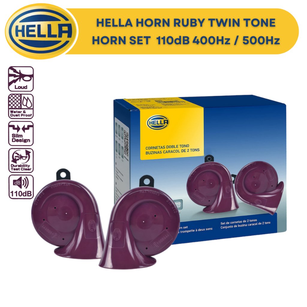 Hella Ruby Twin Tone Horn Set 110dB 400Hz / 500Hz - 12v Car and Motorcycle Horn