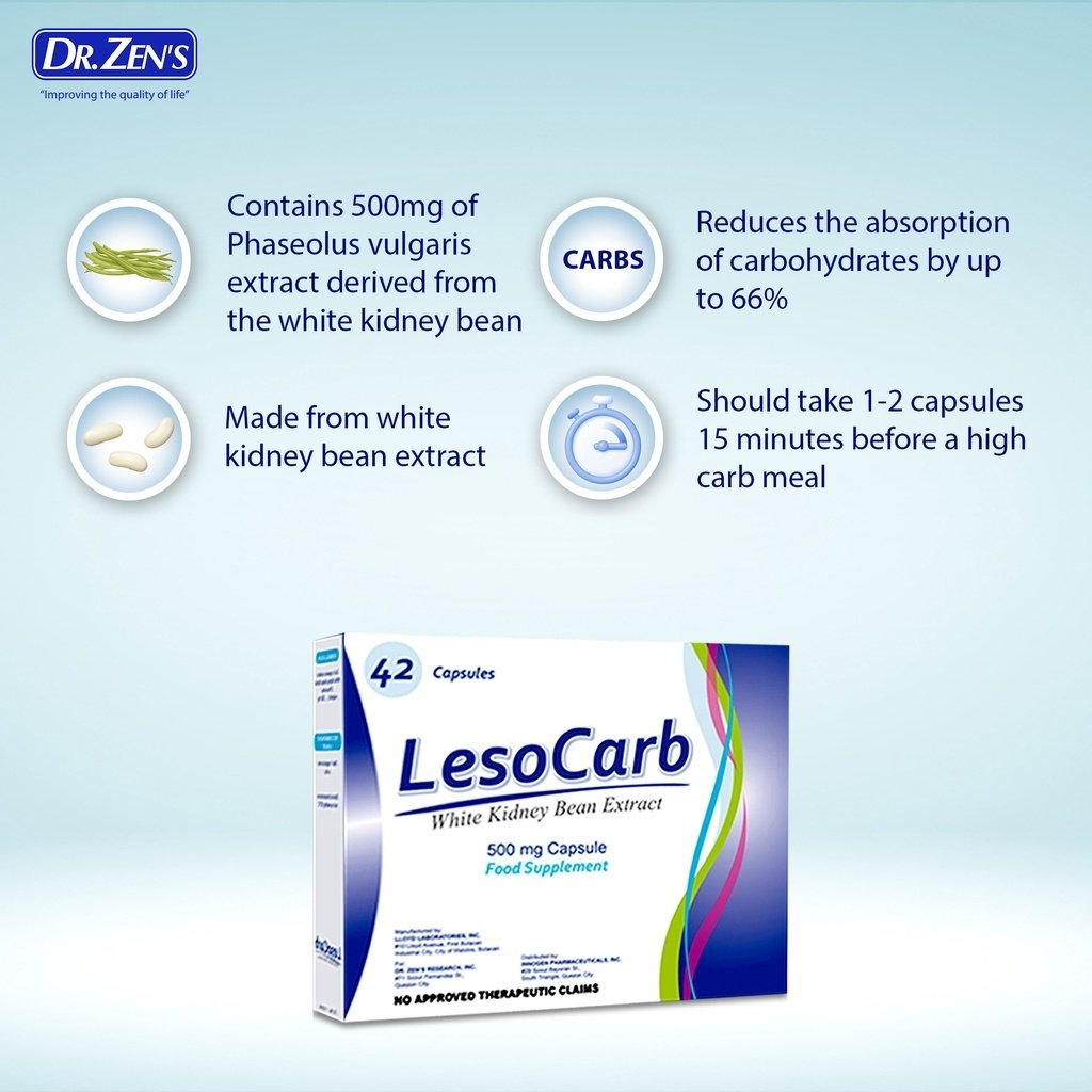 Lesocarb White Kidney Bean Extract 500mg Carb Blocker 42's Capsule - Image 4