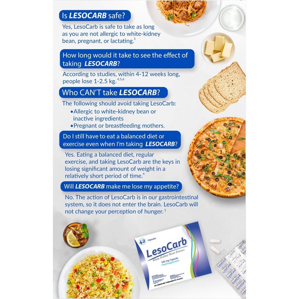 Lesocarb White Kidney Bean Extract 500mg Carb Blocker 42's Capsule - Image 6
