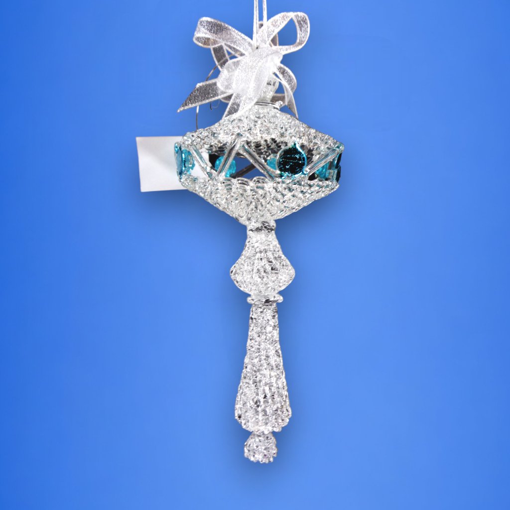 Crochet Glass Christmas Ornaments with Blue Leafing and Organza Ribbon for Xmas Tree Hanging Decor - Image 2