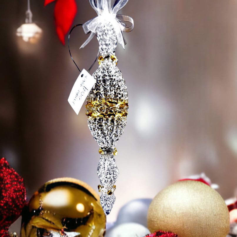 Crochet Glass Christmas Ornaments with Gold Leafing and Organza Ribbon for Xmas Tree Hanging Decor