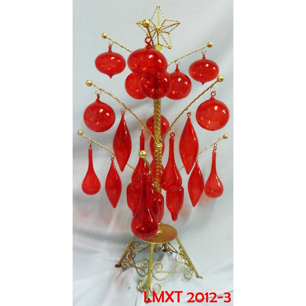 Tabletop Mini Christmas Tree w/ Assorted Mini Red Glass Xmas Ornaments