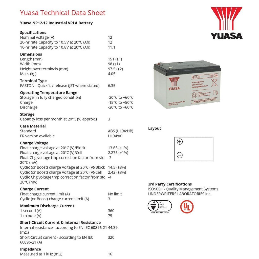 Ebike Battery 12V, 12Ah Yuasa NP12-12 General Purpose Valve Regulated Lead Acid Battery E-Bike Wheel - Image 2
