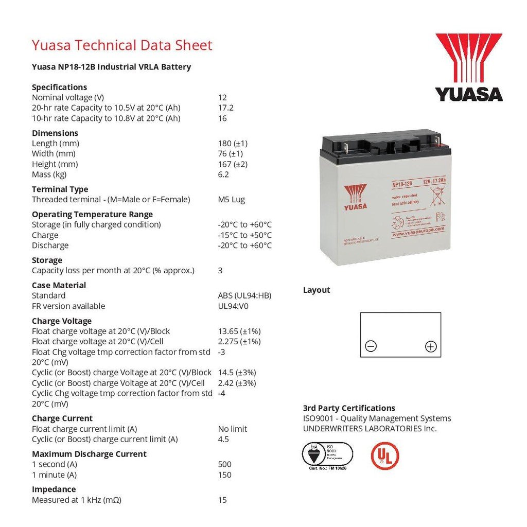 Ebike Battery 12V, 17.2Ah Yuasa NP18-12B General Purpose Valve Regulated Lead Acid Battery E-Bike Wh - Image 2