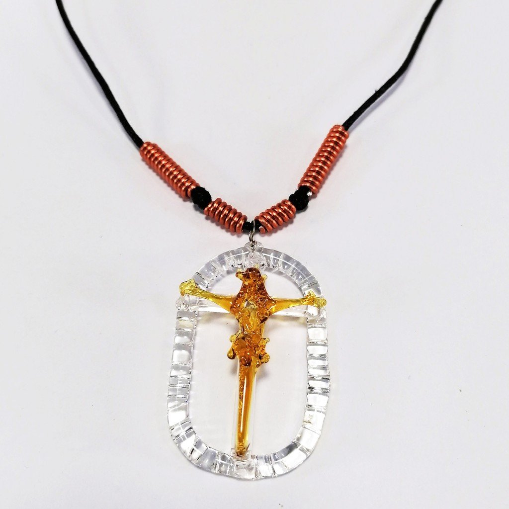Cross Necklace Oval Glass Crucifix Jesus Pendant Clear 9 Colors