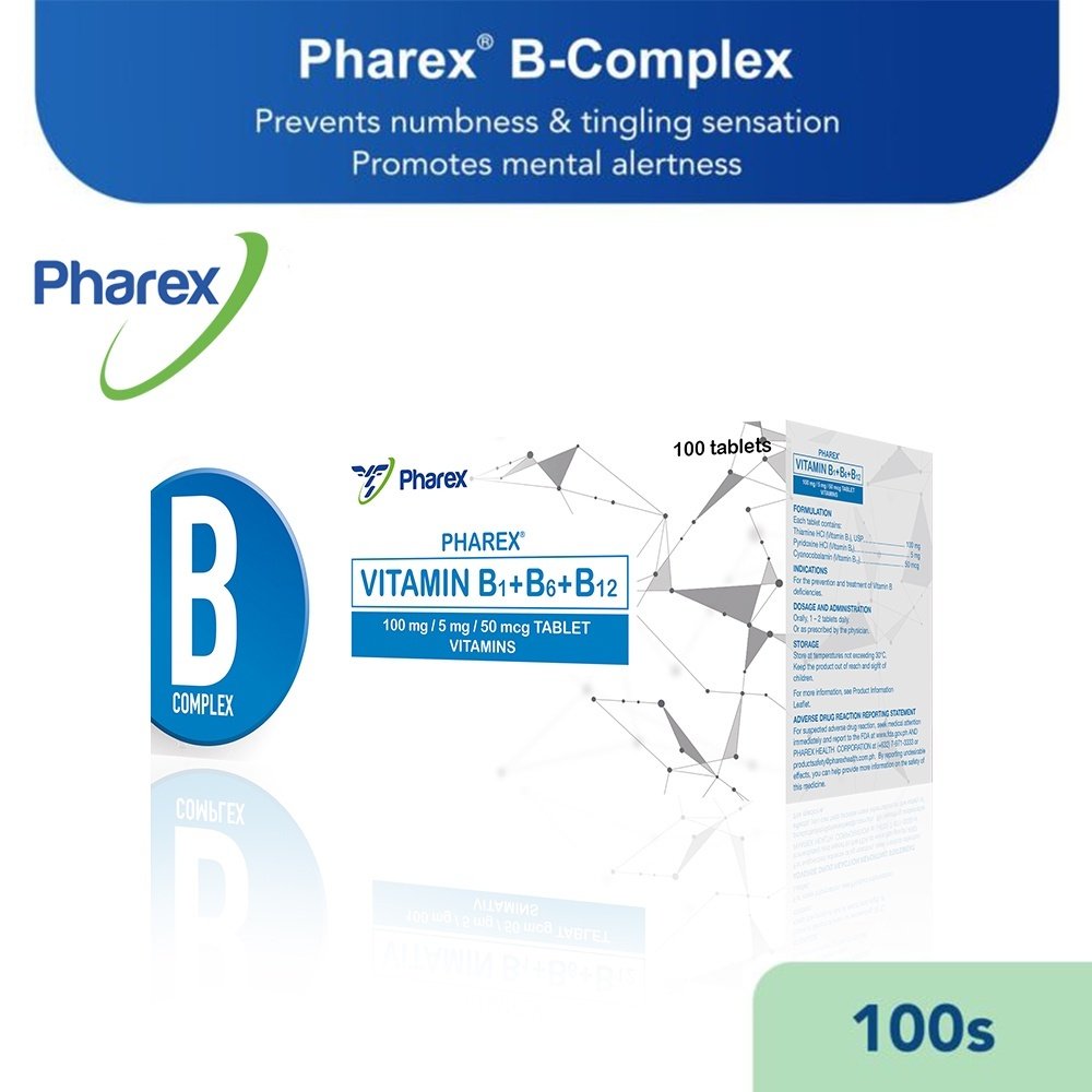 Pharex B-Complex B1+B6+B12 Vitamins for Adult 100mg/5mg/50mcg 100 Tablets (Nerve Health) - Image 3