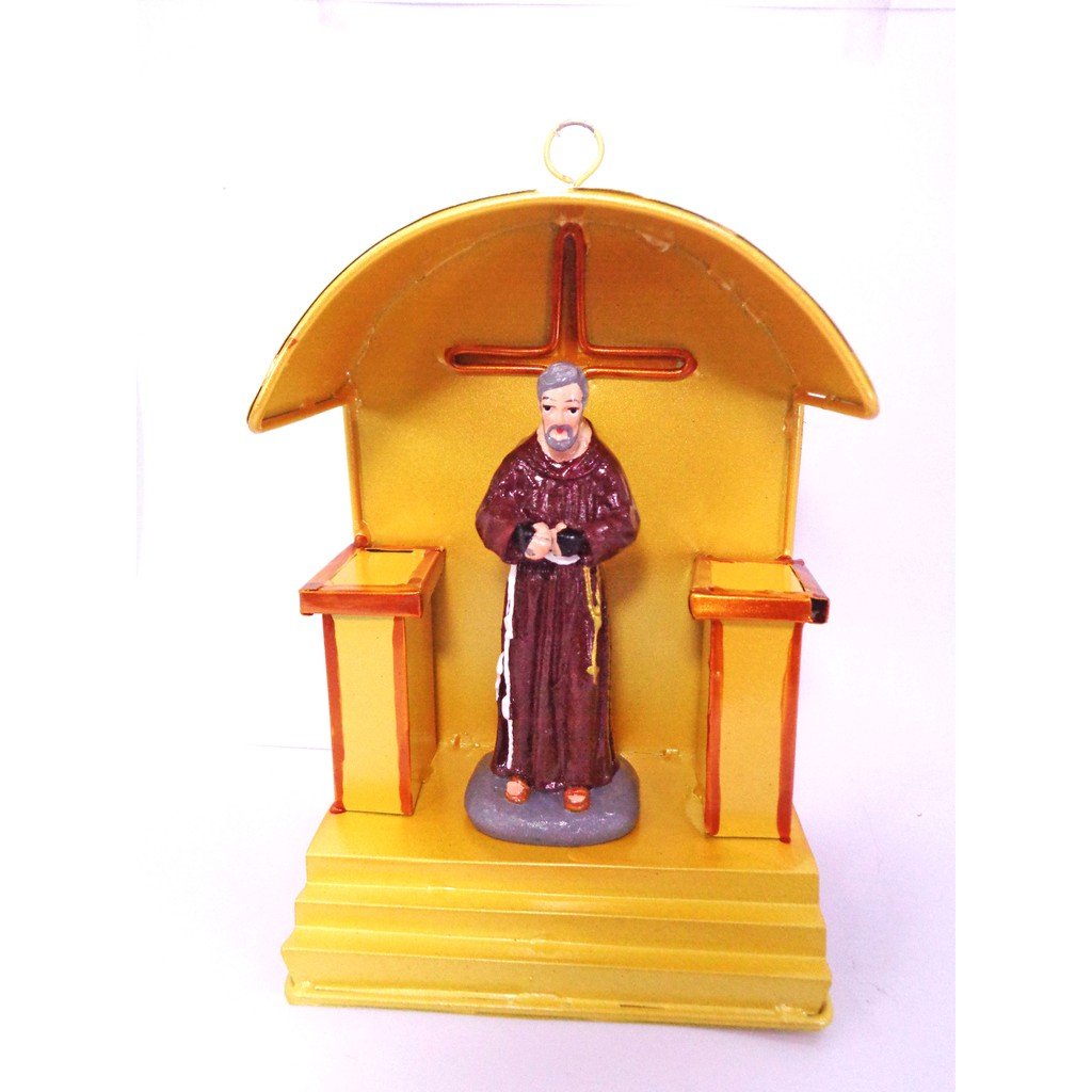 Padre Pio Religious Figurines Santo Home Decor Display in Tin House Yellow Large Size