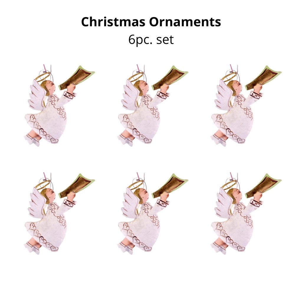 Set of 6pc Tins & Wire Angel Christmas Ornaments for Xmas Tree Ornaments Hanging Decor