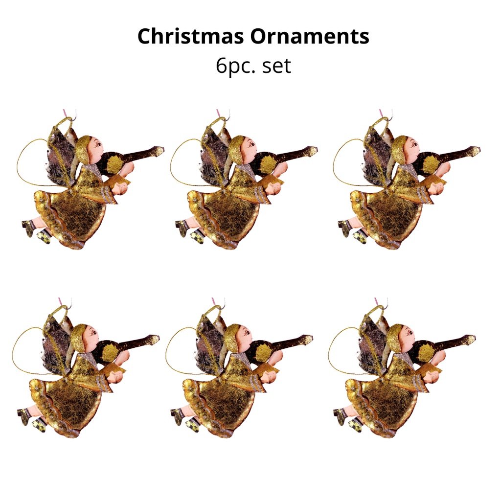 Set of 6pc Tins & Wire Gold Angel Christmas Ornaments for Xmas Tree Ornaments Hanging Decor