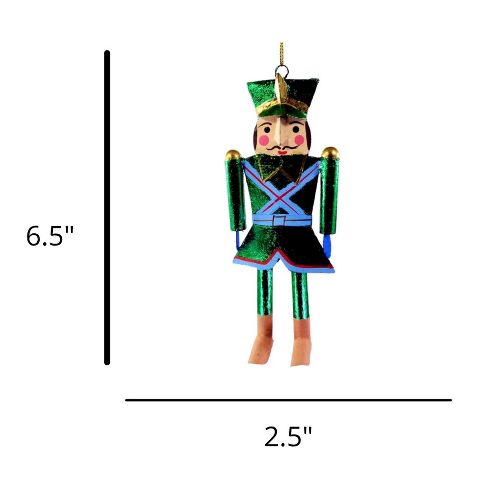 Set of 6pc Tins & Wire Green Nutcracker Soldier Christmas Ornaments for Xmas Tree Hanging Decor - Image 2