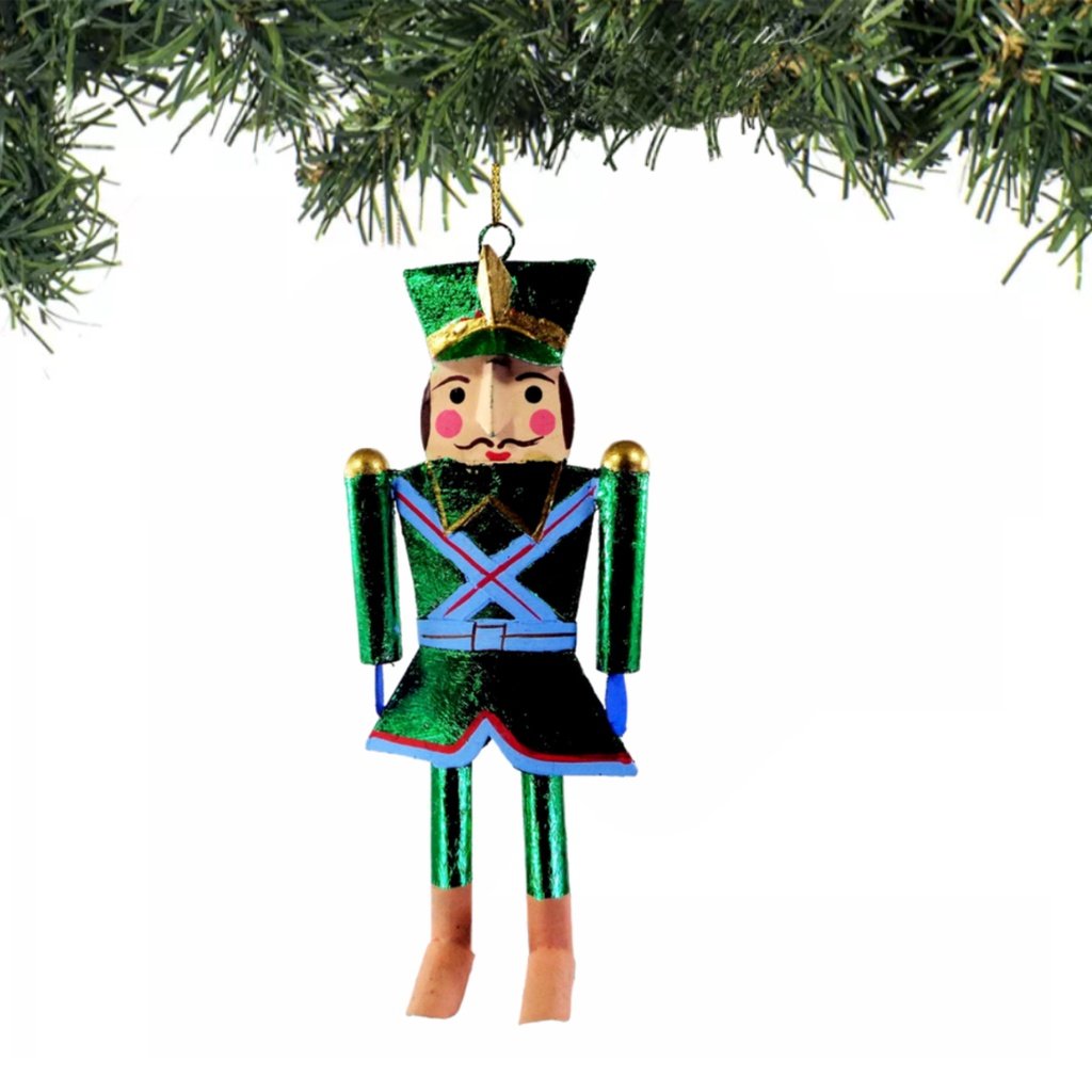 Set of 6pc Tins & Wire Green Nutcracker Soldier Christmas Ornaments for Xmas Tree Hanging Decor - Image 3