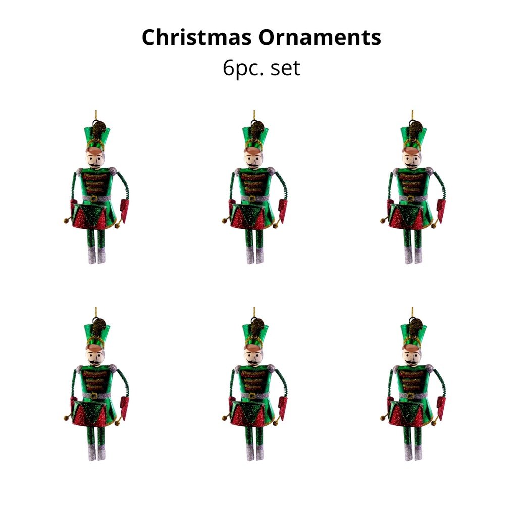 Set of 6pc Tins & Wire Nutcracker Solider with Drums Christmas Ornaments for Xmas Tree Hanging Decor