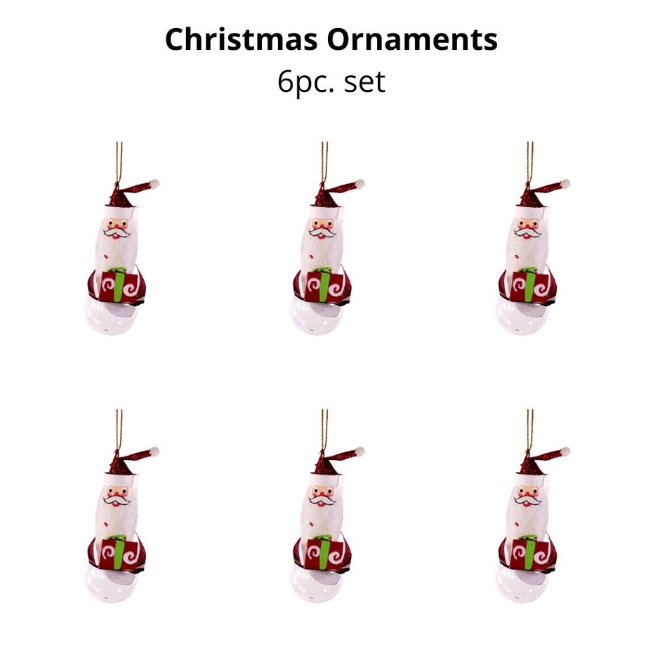 Set of 6pc Tins & Wire Santa Claus Gift with Glass Ball Christmas Ornaments for Xmas Tree Hanging