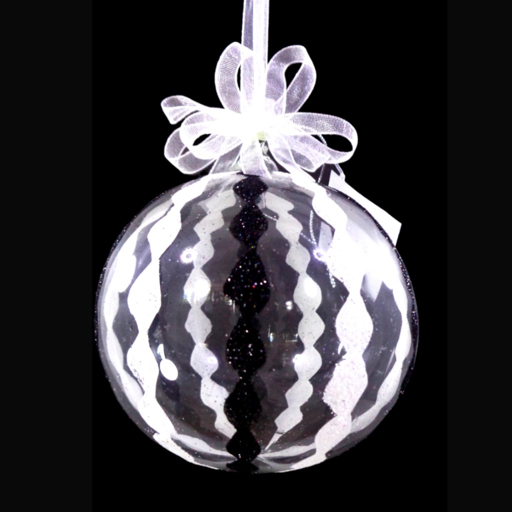 Glass Christmas Ball Ornaments Black & White Diamond Glitter 6pc Set for Xmas Tree Decor