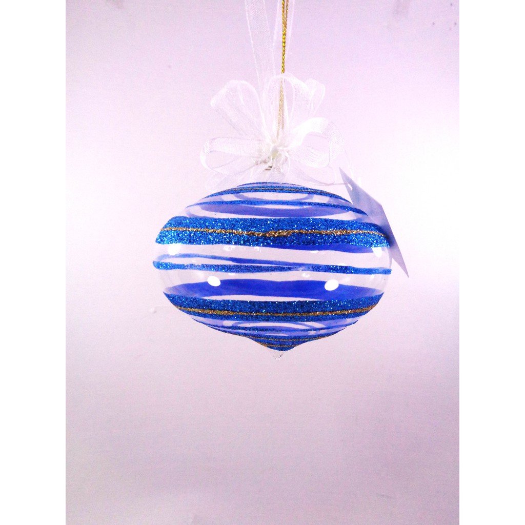 Set of 6pc Glass Christmas Ornaments with Glitter Design and Organza Ribbon for Xmas Tree Ornaments